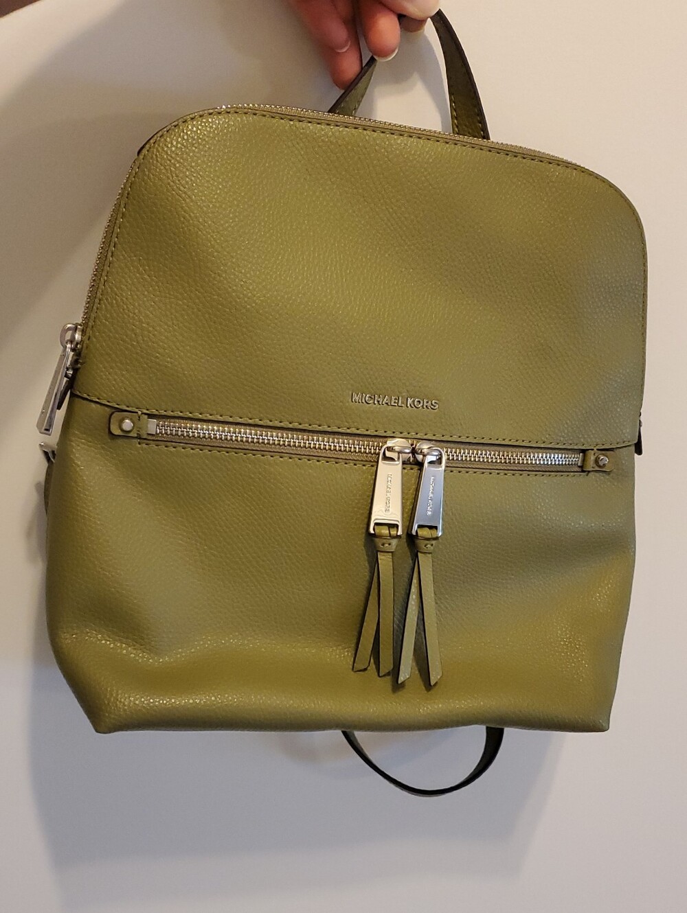 Michael Kors "Rhea" Slim Olive Leather Pebbled Backpack with Silver Hardware